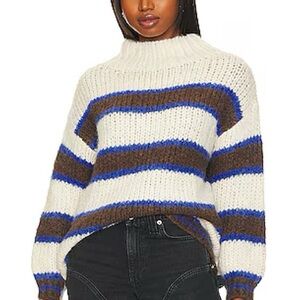 Oversized Striped Turtleneck Sweater - Cream, Blue, and Brown